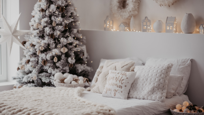 christmas bedroom decorate for christmas off white quilt